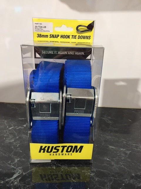 KUSTOM HARDWARE BLUE & BLACK SNAP HOOK TIE DOWNS