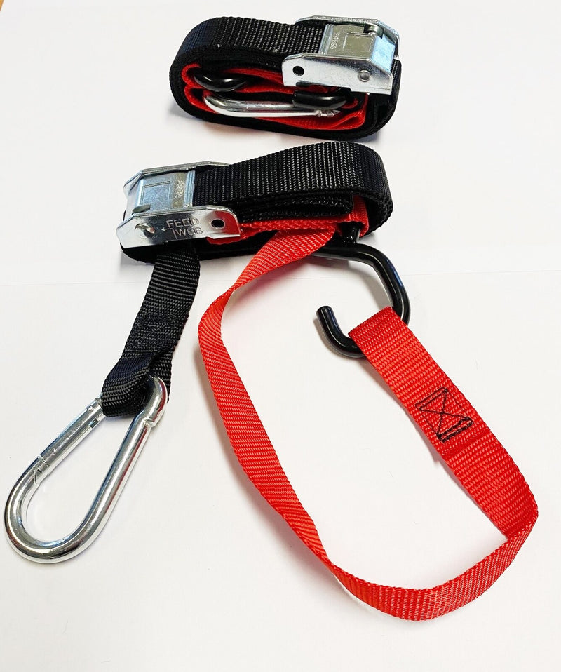 PRO HARD PARTS 25MM CAM BUCKLE SOFT HOOK WITH CARIBINER & S HOOK BLACK & RED TIE DOWNS