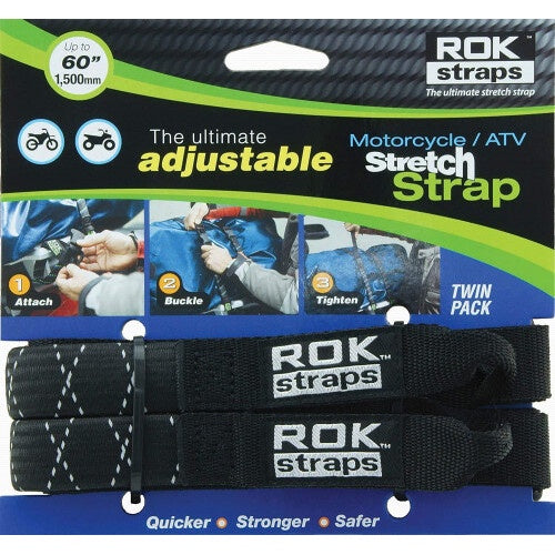 ROK STRAPS MOTORCYCLE / ATV ULTIMATE ADJUSTABLE CRUISER BLACK REFLECTIVE STRETCH STRAP - UP TO 1500MM